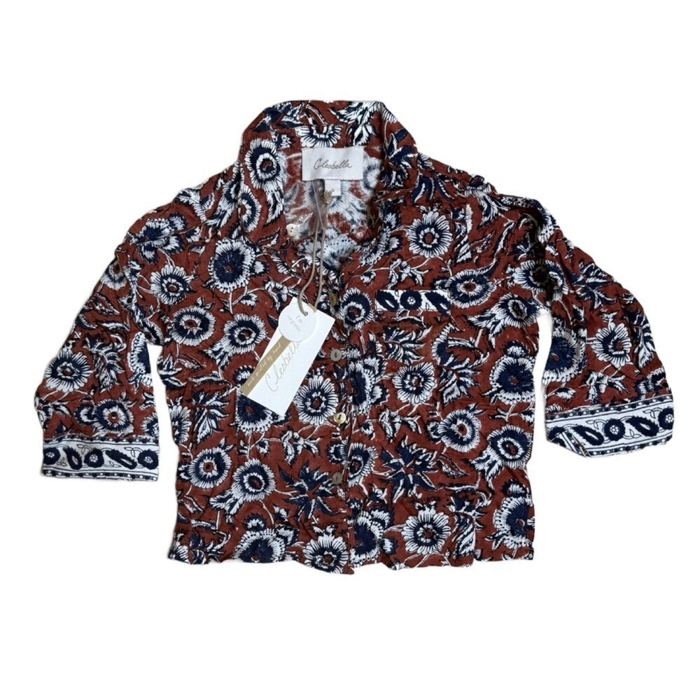 Cleobella Kids Floral Button Down Shirt Boho Girls Rust Blue Size 6 NWT $68